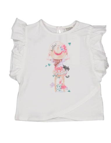 T-Shirt bianca con volant su maniche