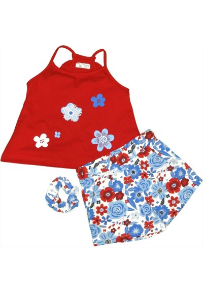 Completo Bambina "Fiori Variopinti" - Canotta Rossa con Fiori Azzurri,