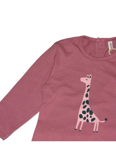 T-shirt maniche lunghe neonata rosa scuro con stampa giraffa e bottoni