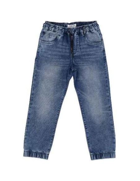 Pantaloni jeans blu medio, elastico in vita e caviglia, comodi e robus