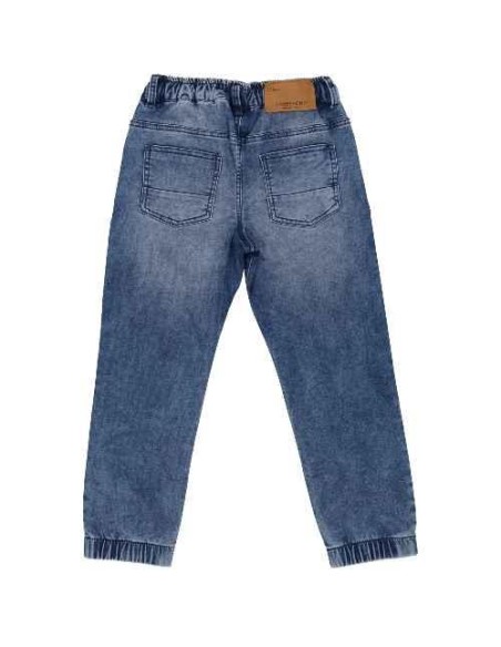 Pantaloni jeans blu medio, elastico in vita e caviglia, comodi e robus