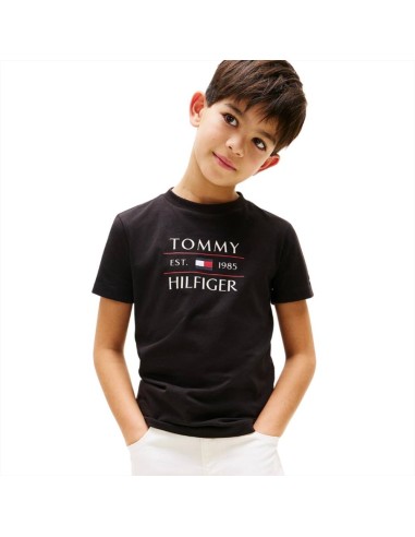 T-Shirt Tommy Hilfiger sul davanti, ragazzo nera.  - Vendita Moda spor
