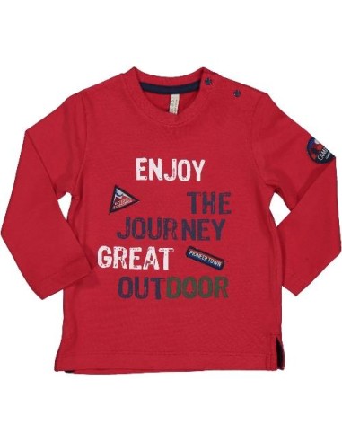 T-shirt bambino rossa a maniche lunghe con stampe outdoor.  - Vendita 