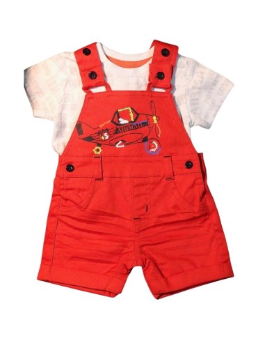 Completo Babybol, salopette twill rossa e t-shirt cotone fantasia*  -