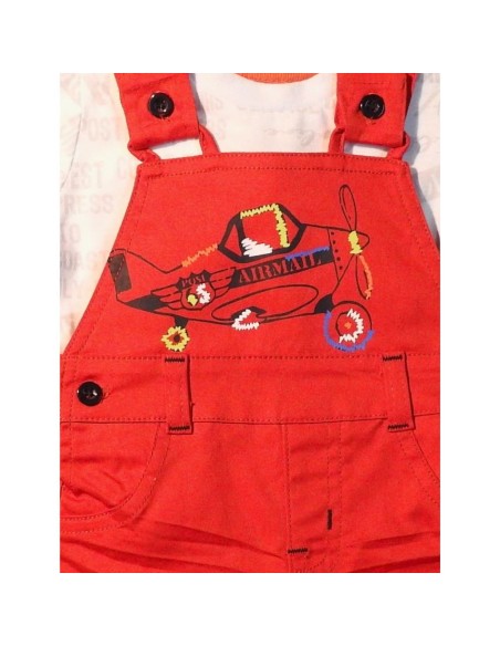 Completo Babybol, salopette twill rossa e t-shirt cotone fantasia*  - 