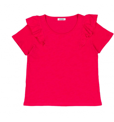 T-Shirt rosa in cotone fiammato con volant su spalle