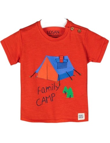 T-shirt rossa neonata in cotone con stampa campeggio  - Vendita Moda s