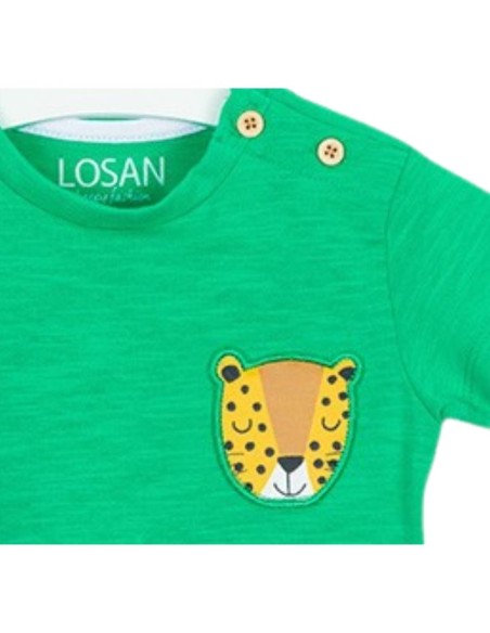 T-shirt Baby LOSAN Verde Safari con Stampa Animale e Bottoni Laterali 