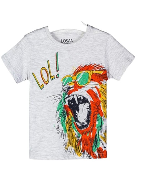 T-shirt neonato LOSAN con stampa leone e scritta "LOL!" in cotone grig