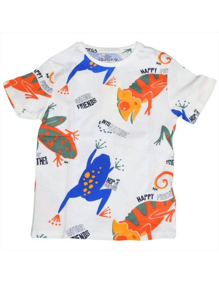 T-shirt Bianca con Fantasia Tropicale per Bambini  - Vendita Moda spor
