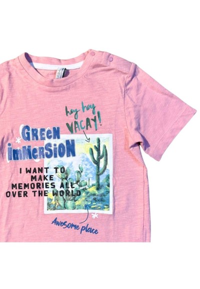 T-shirt neonato Birba rosa cotone con stampa estiva "Green Immersion" 