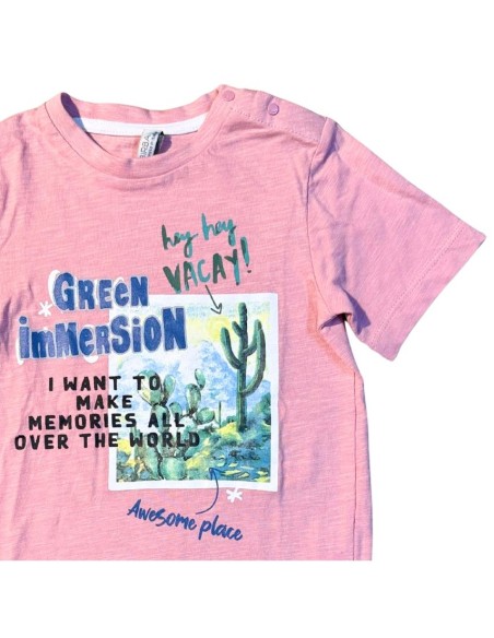 T-shirt neonato Birba rosa cotone con stampa estiva "Green Immersion" 