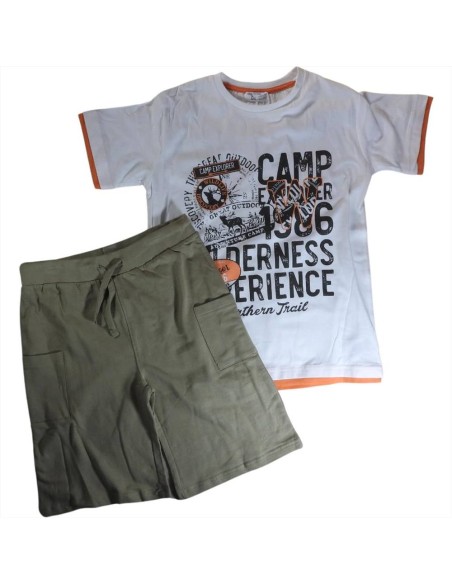 Set Bambino Avventura: T-shirt Bianca Stampata E Pantaloncino Verde Ol