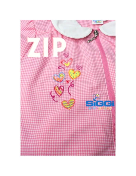 Grembiule Siggi con zip scolastico rosa a quadretti con cuori ricamati
