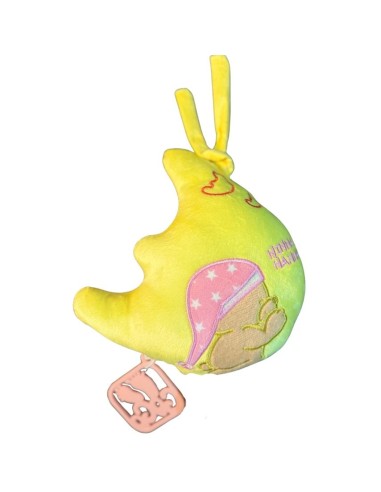 Peluche carillon luna gialla con ricamo orsetto rosa- Peluche Musicale