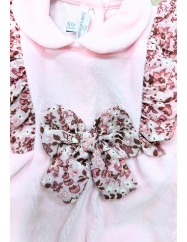 Tutina rosa in ciniglia per neonata-con fiocco floreale  - Vendita Mod 2