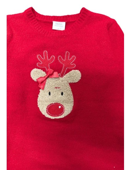 Maglione Natalizio da Bambina Rosso, Renna Effetto Lana  - Vendita Mod