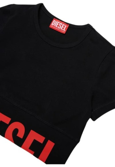 T-shirt Donna Diesel Crop Nera in Cotone Elasticizzato con Maxi Logo  
