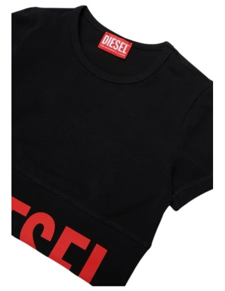 T-shirt Donna Diesel Crop Nera in Cotone Elasticizzato con Maxi Logo  