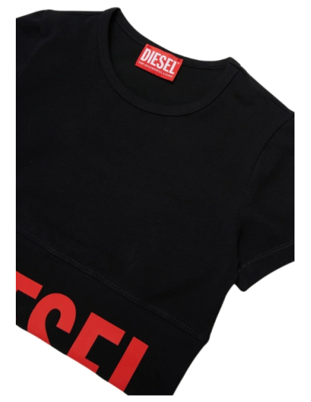T-shirt Donna Diesel Crop Nera in Cotone Elasticizzato con Maxi Logo  