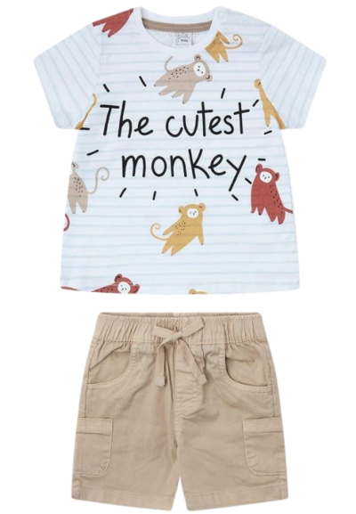Completino Bimbo Monkey Smile, Maglietta a righe e Shorts in Twill Yat