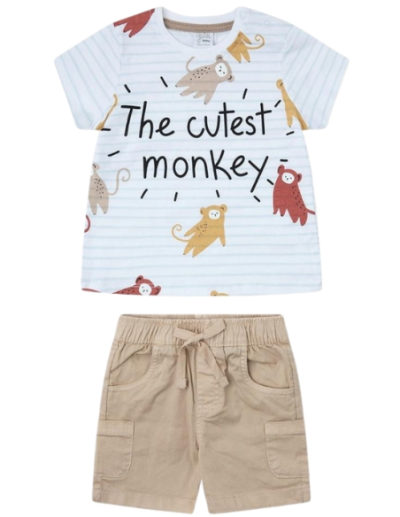 Completino Bimbo Monkey Smile, Maglietta a righe e Shorts in Twill Yat