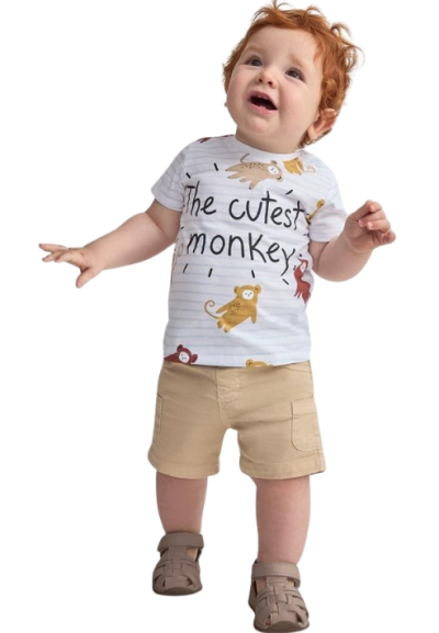 Completino Bimbo Monkey Smile, Maglietta a righe e Shorts in Twill Yat