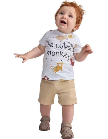 Completino Bimbo Monkey Smile, Maglietta a righe e Shorts in Twill Yat