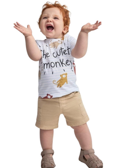 Completino Bimbo Monkey Smile, Maglietta a righe e Shorts in Twill Yat