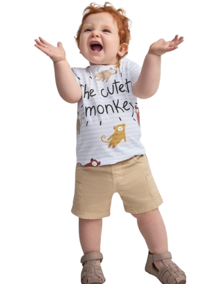 Completino Bimbo Monkey Smile, Maglietta a righe e Shorts in Twill Yat