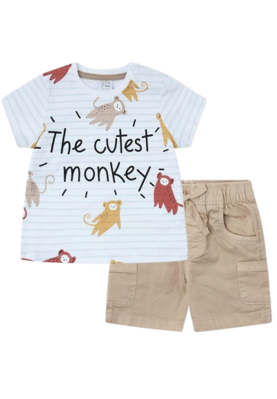 Completino Bimbo Monkey Smile, Maglietta a righe e Shorts in Twill Yat