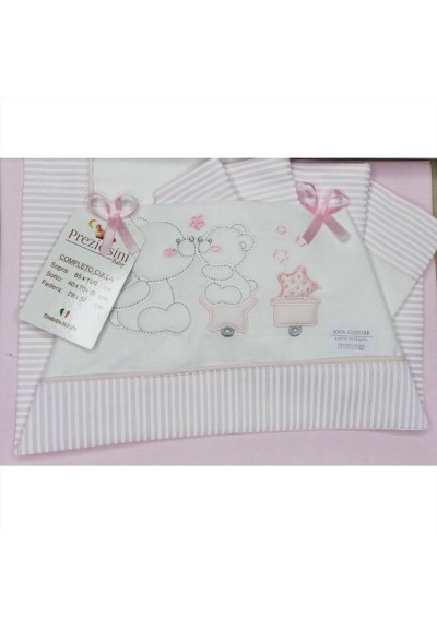 Lenzuolini bambina 3 pz. rosa fantasia e ricamo  - Vendita Moda sporti