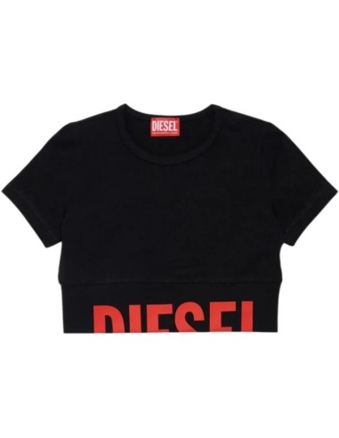 T-shirt Donna Diesel Crop Nera in Cotone Elasticizzato con Maxi Logo  