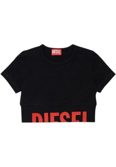 T-shirt Donna Diesel Crop Nera in Cotone Elasticizzato con Maxi Logo  